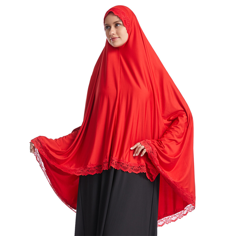 Muslim Women Ramadan Scarf Hijab Islam Prayer Turban Amair Lace Trim Headcover