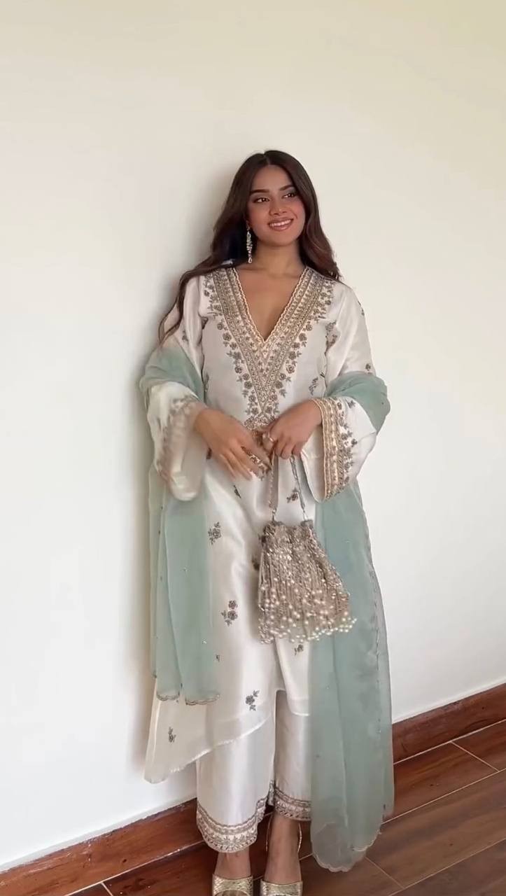 Latest Stylish Roman Silk White Top Palazzo With Dupatta For Party Wear