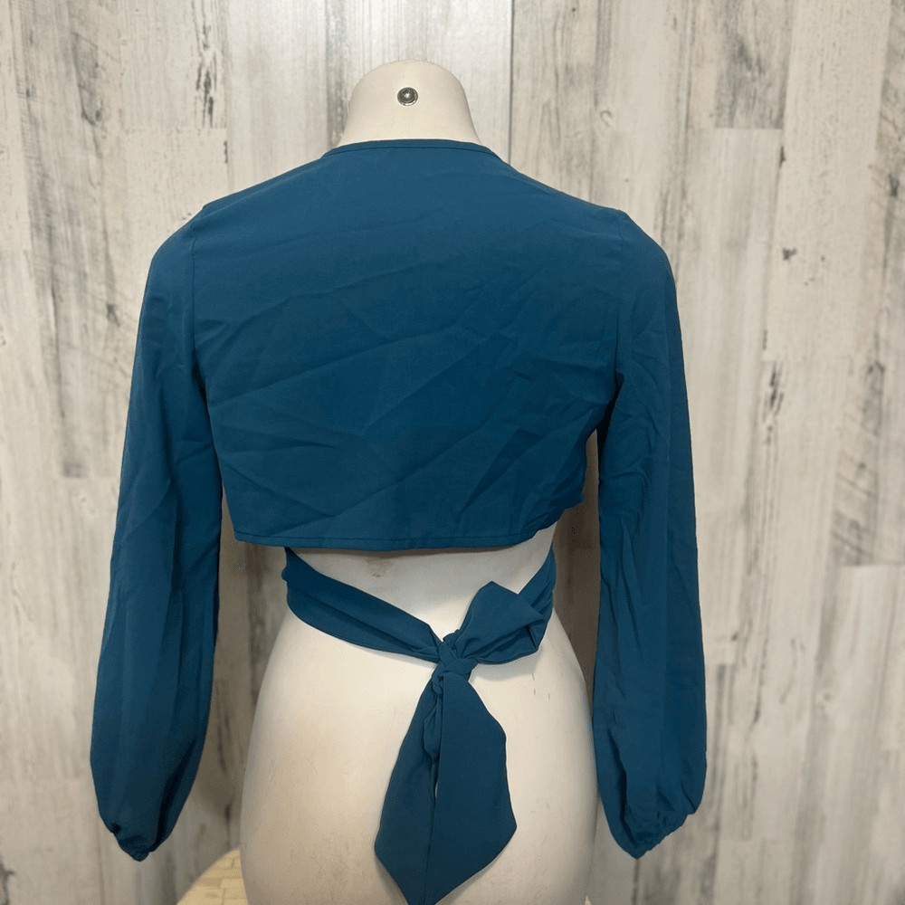 SHEIN Teal Blue O-Ring Long Sleeve Crop Top Womens Size Small S Wrap Tie Back Bl