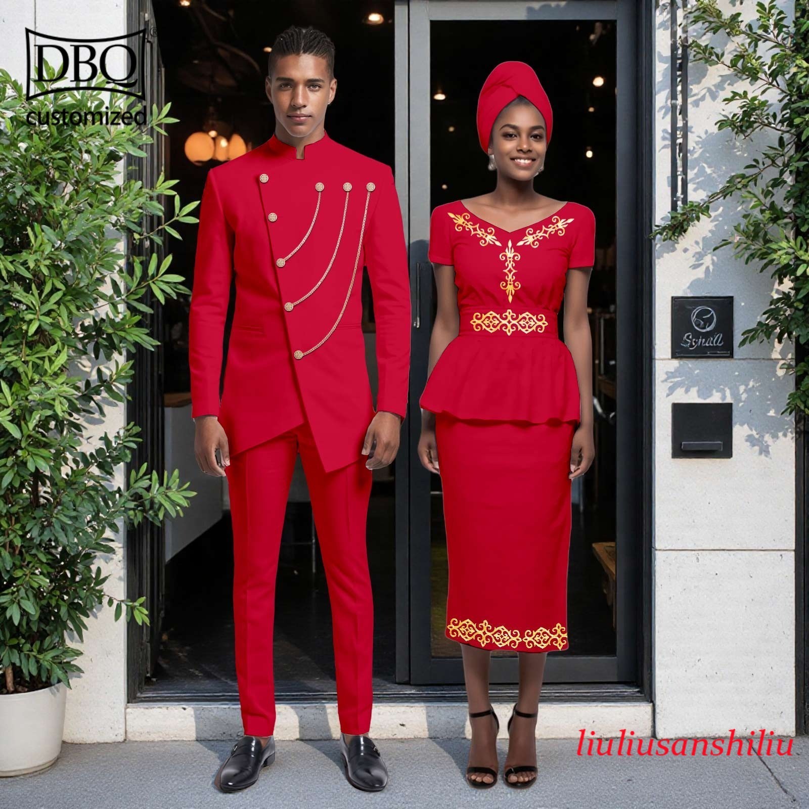 African Couple Matching Clothes Solid Men Jacket Pants Set Women Shirt Skirt Set