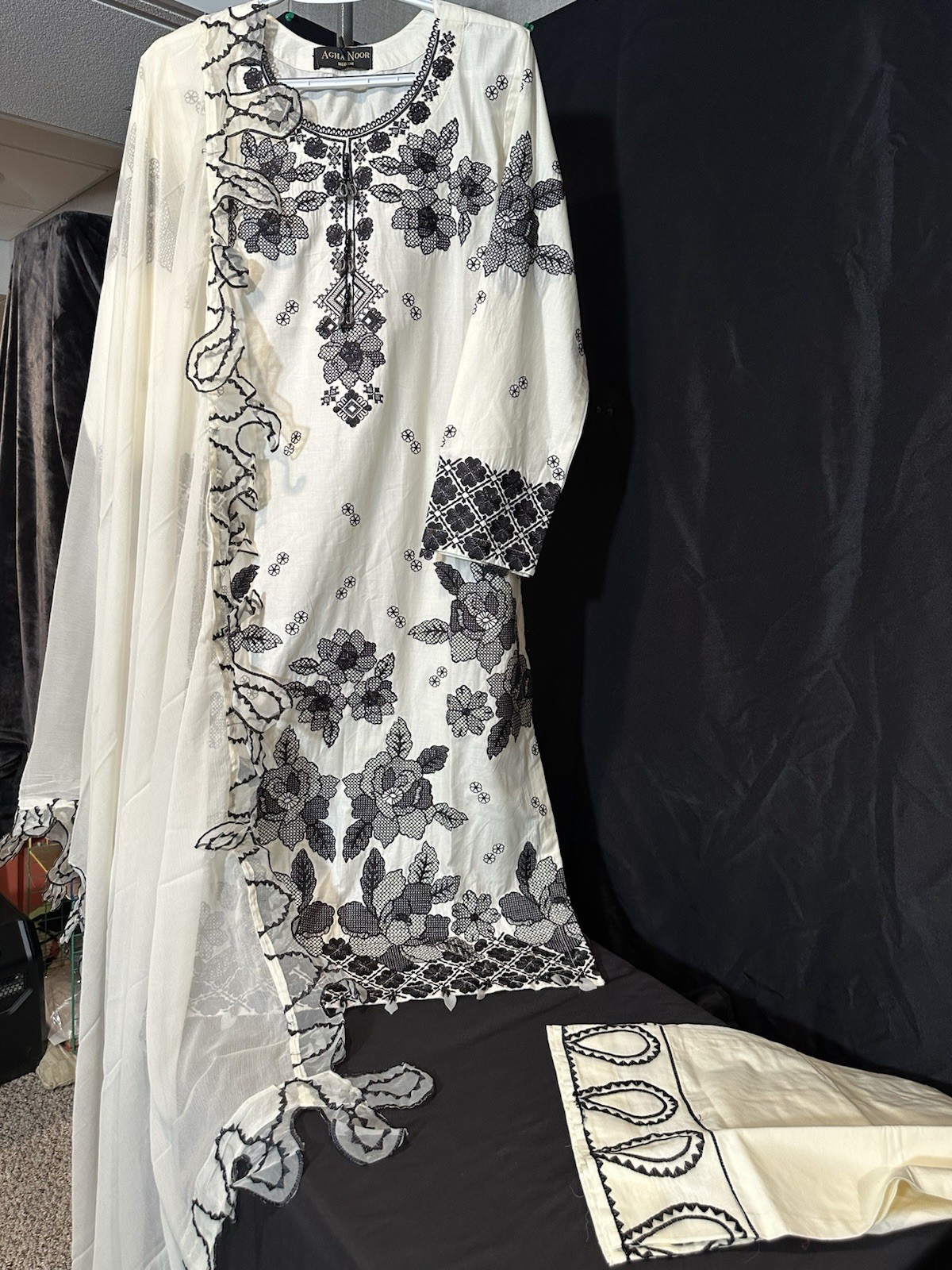 Beautiful Cotton Embroidered 3 Pc Suit – Chiffon Dupatta, Emb Pants- M & L- $44