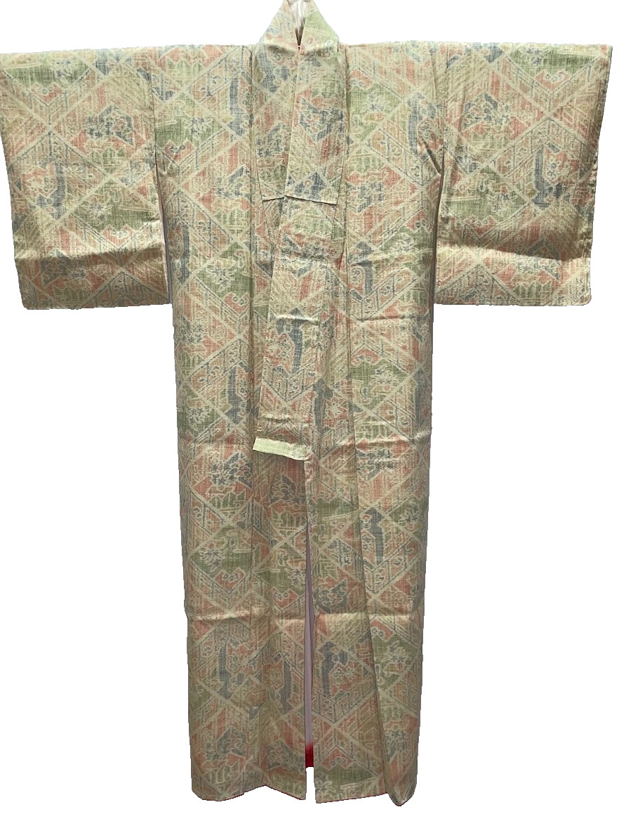 Vintage Tsumugi Kimono Silk Handwoven Geometric Pattern Japan Traditional Awase