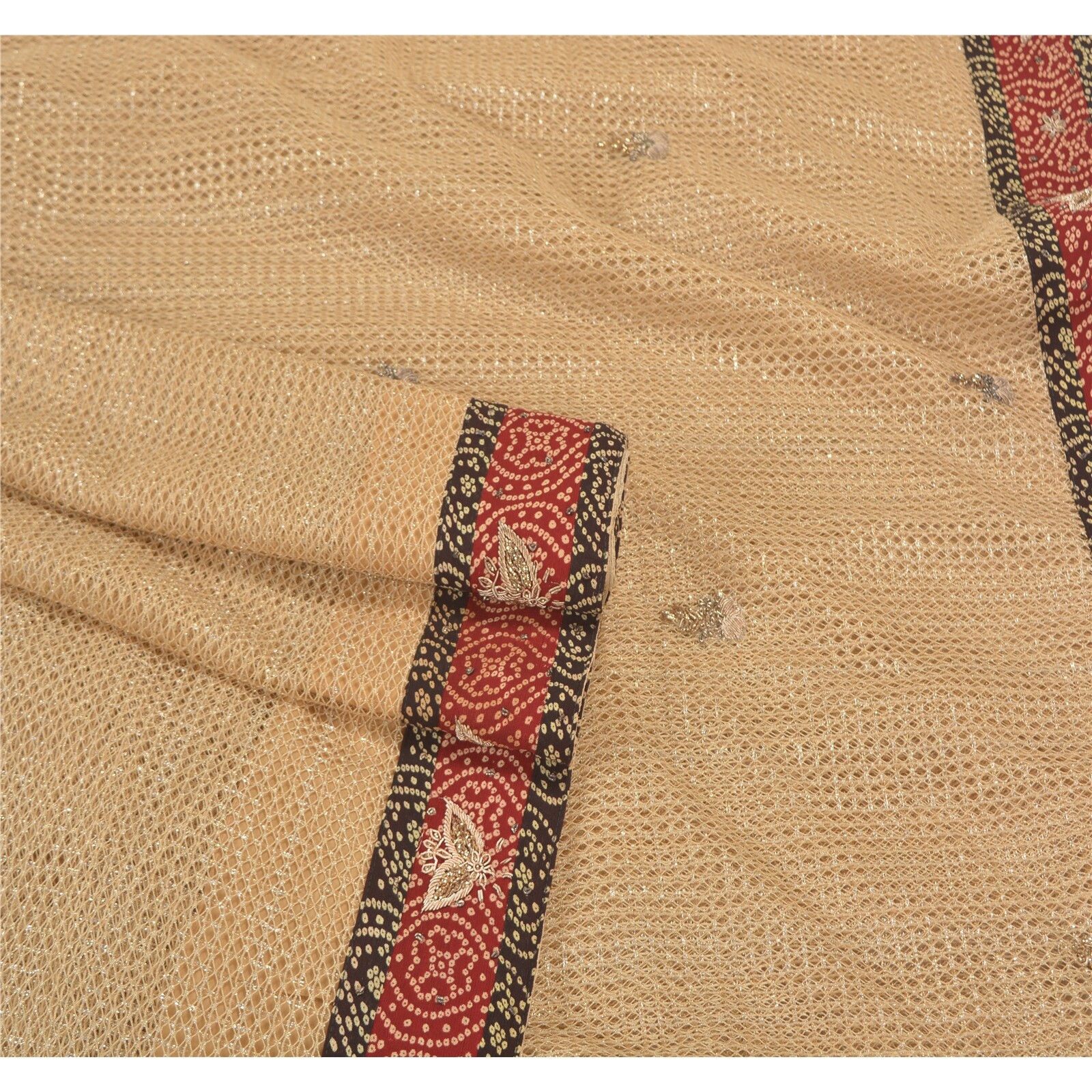 Sanskriti Vintage Sarees Net Mesh Ivory Hand Beaded Cultural Sari 5 Yard Fabric