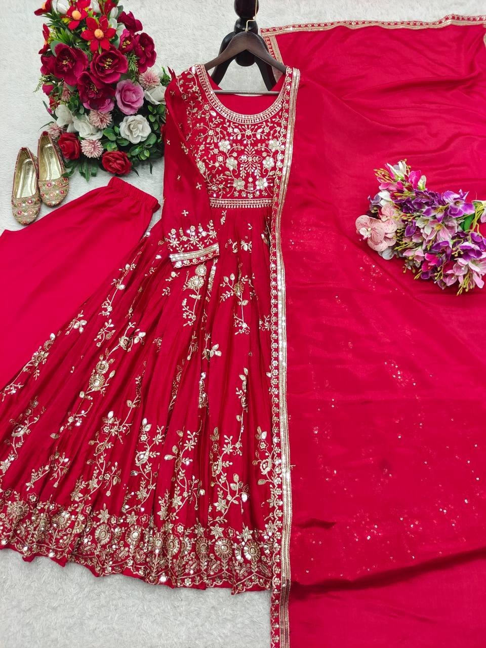 Party Wear Red Faux Georgette Anarkali Suit With Dupatta For Women & Girls