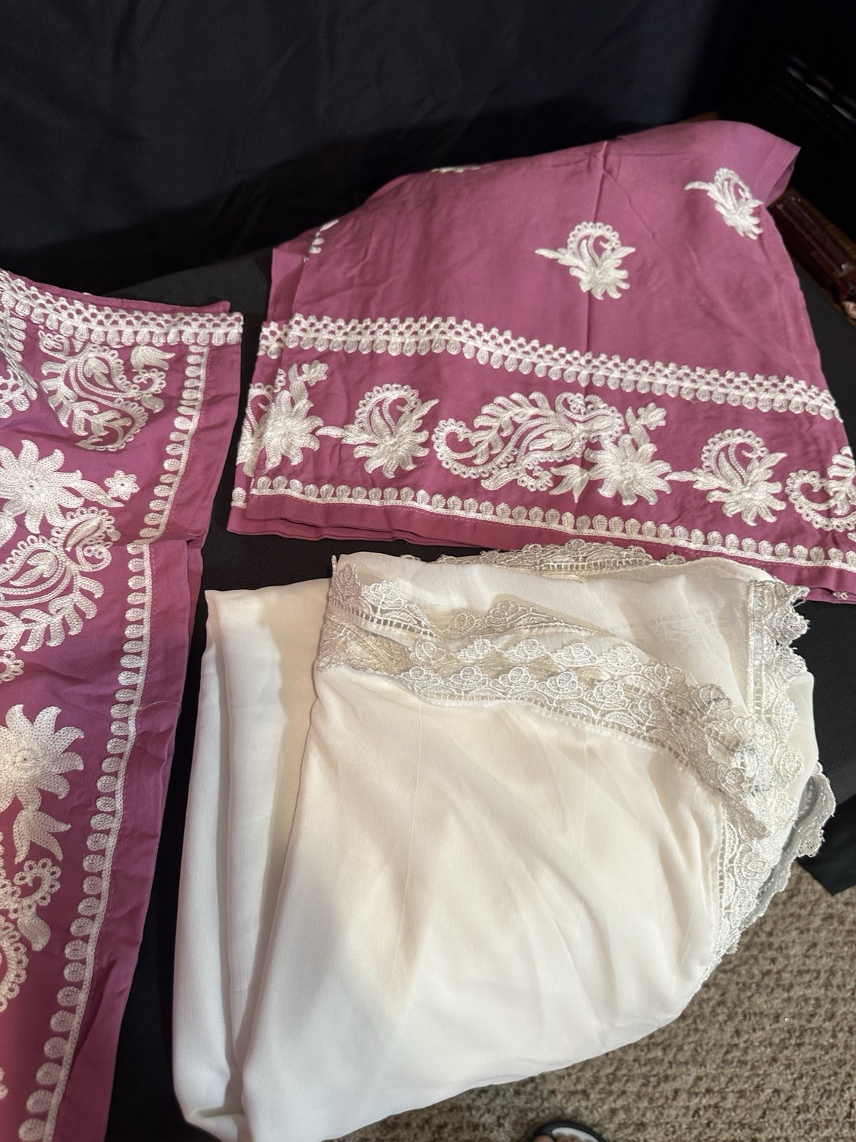 Beautiful soft linen Front & back emb-3 pc suit-emb plazo, laced dupatta-$44