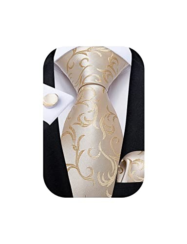 Mens Tie Set Silk Solid Paisley Necktie and Pocket Square Champagne Floral