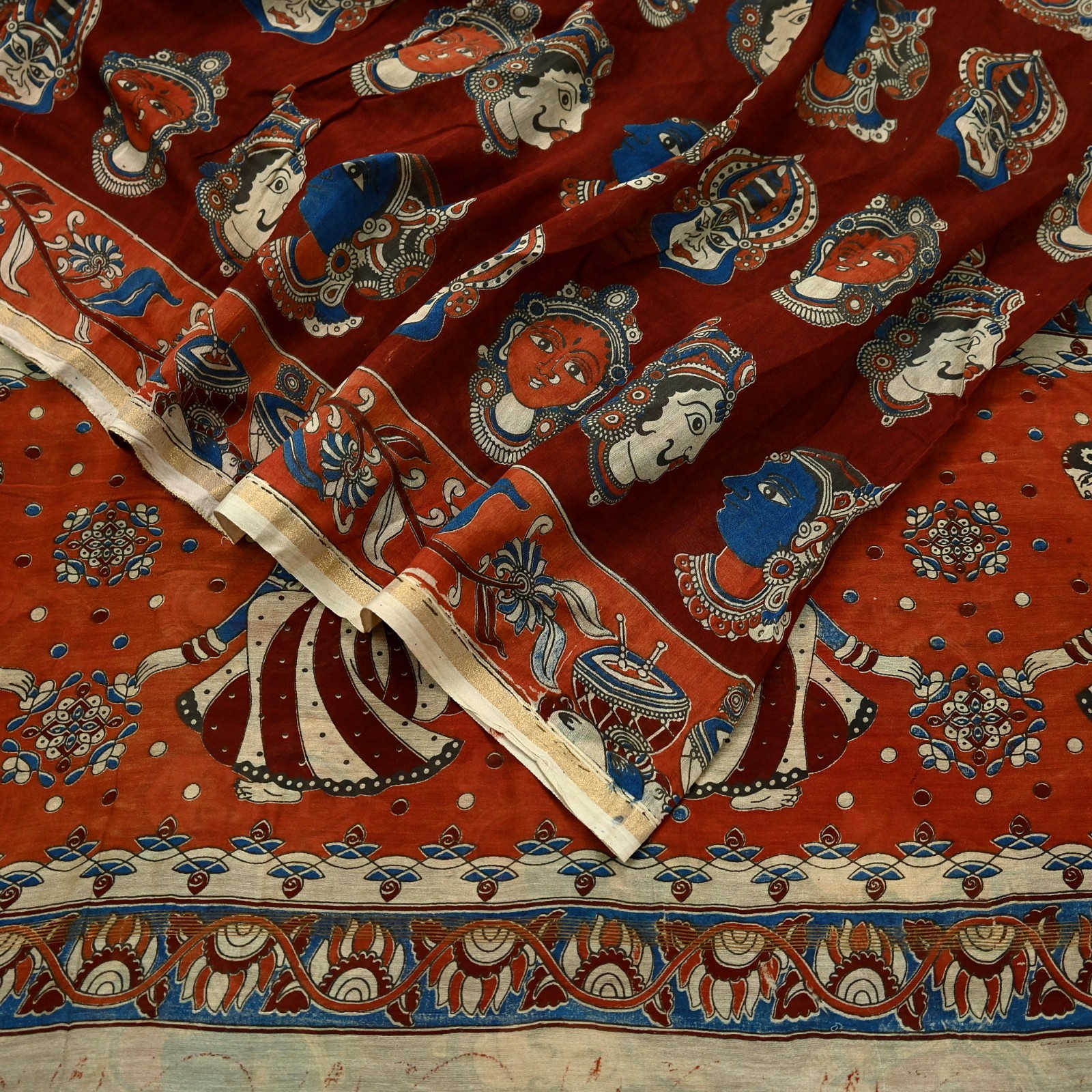 Indian Vintage Sari Pure chanderi Silk Kalamkari Print Sarees Fabric 5Yards Zari