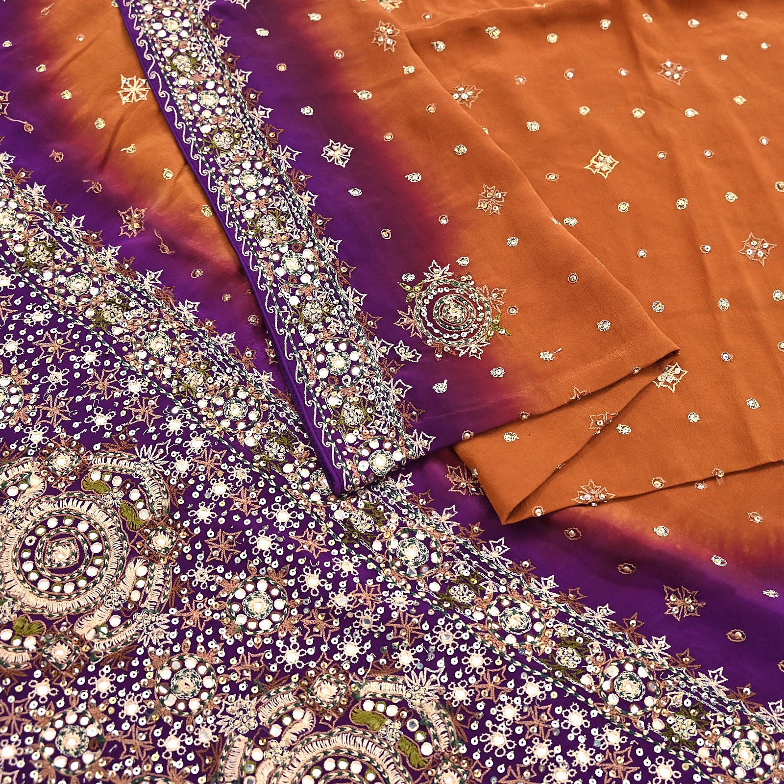 Indian Vintage Sari Purple & Mustard Pure Crepe Silk Hand Embroidered Sarees 6yd