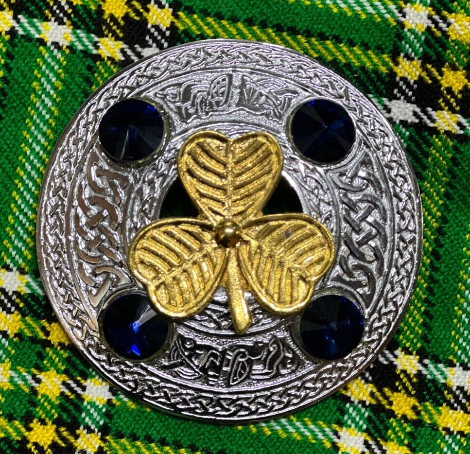 Scottish Kilt Fly Plaid Brooch Irish Shamrock Gold Finish Badge In 4 Blue Stones