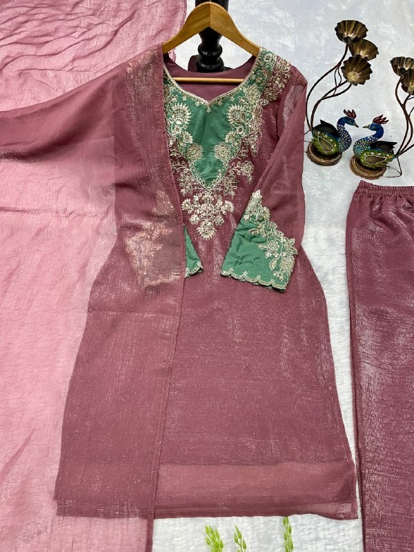 New Crunchy Silk Dusty Pink Top Palazzo With Dupatta For Function Party Wear