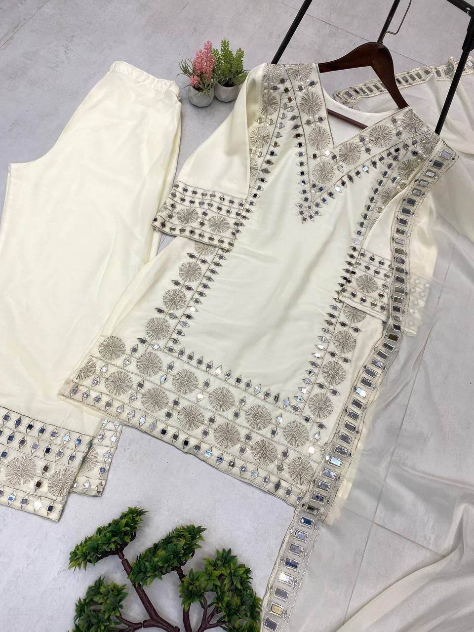Presenting Off White Georgette Top And Palazzo With Dupatta For Party Wear
