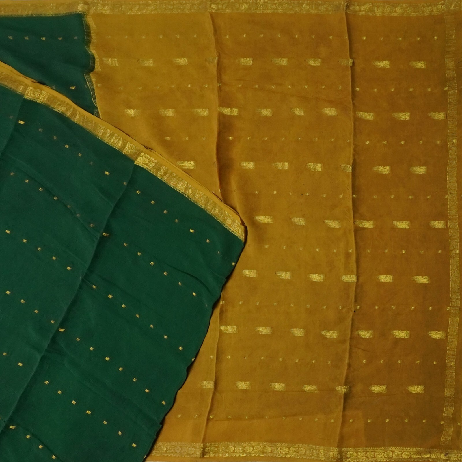 Vintage Green Saree 100% Pure Mysore Crepe Silk Zari Woven Sari 5YD Craft Fabric