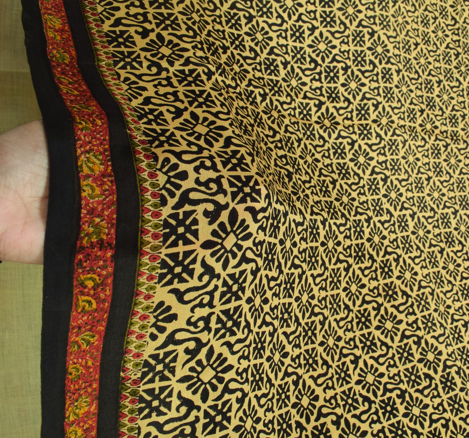 Sushila Vintage Hand Block Printed Saree 100% Pure Silk Cream Soft Craft Fabric