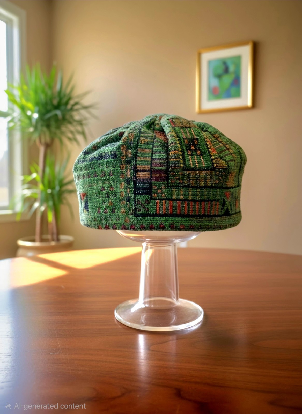 traditional green Uzbek Tubeteika, a structured skullcap embroidered…