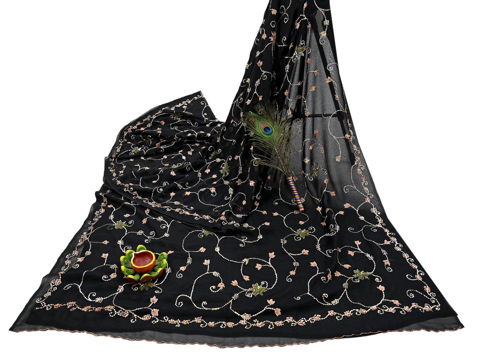 Indian Vintage Heavy Sari Black Pure Georgette Silk Hand Beaded Sarees Ethnic