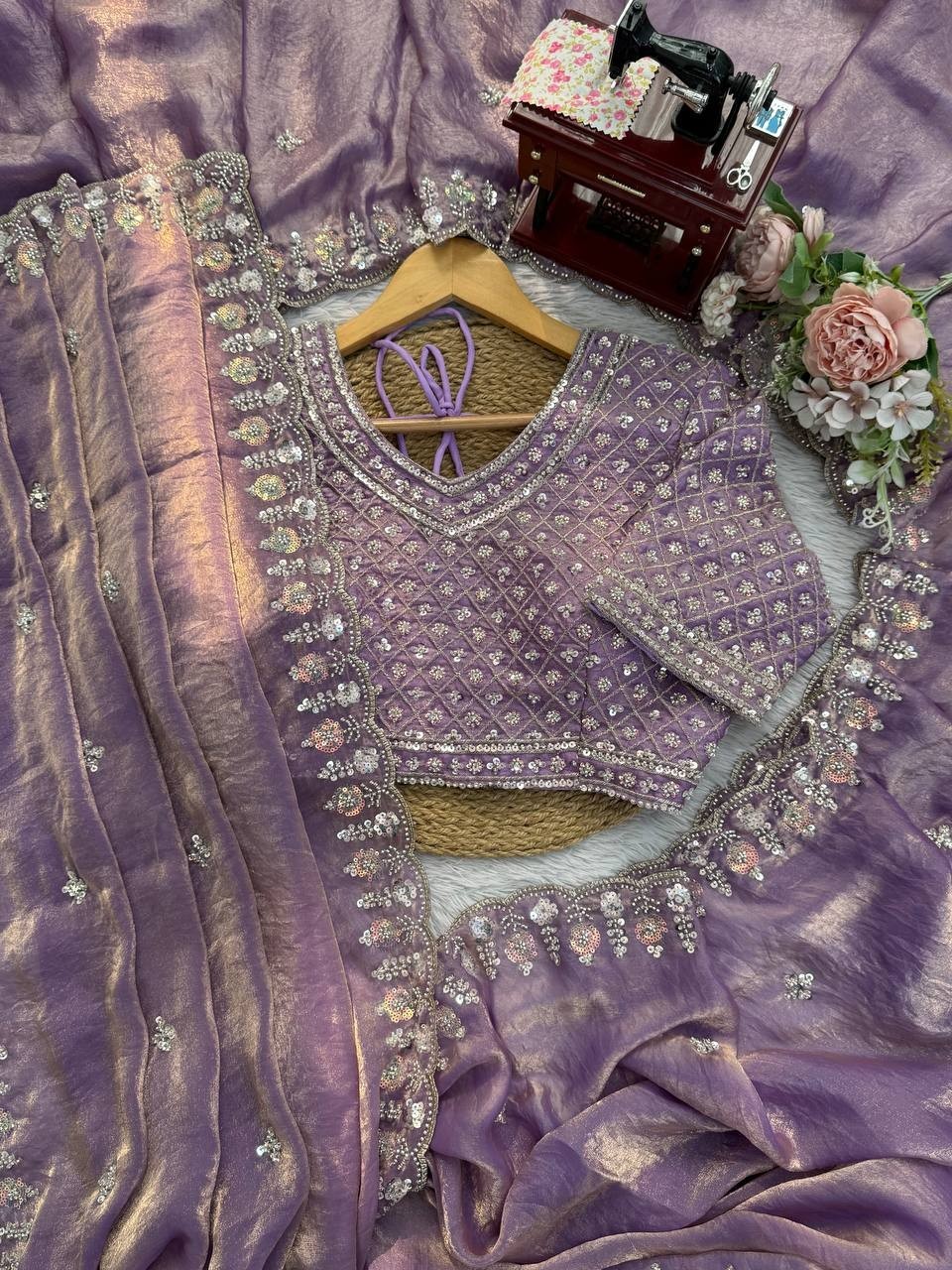 Indian Style Silk Lavender Saree With Blouse For Reception Wear
