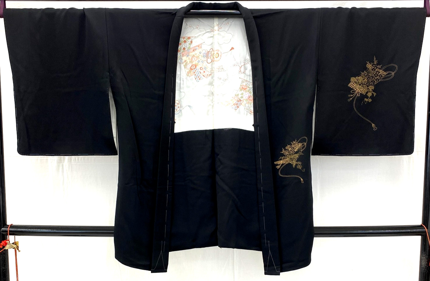 Japanese Vintage Kimono Haori Jacket Polyester Black Embroidery Traditional 30in