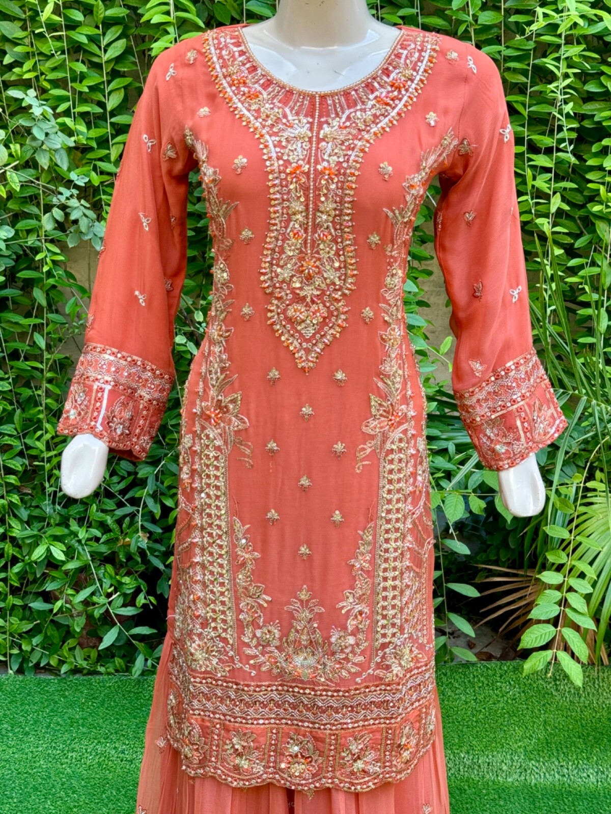 Pakistani Orange Straight Style Embroidered Sequins Chiffon Gharara Dress,S