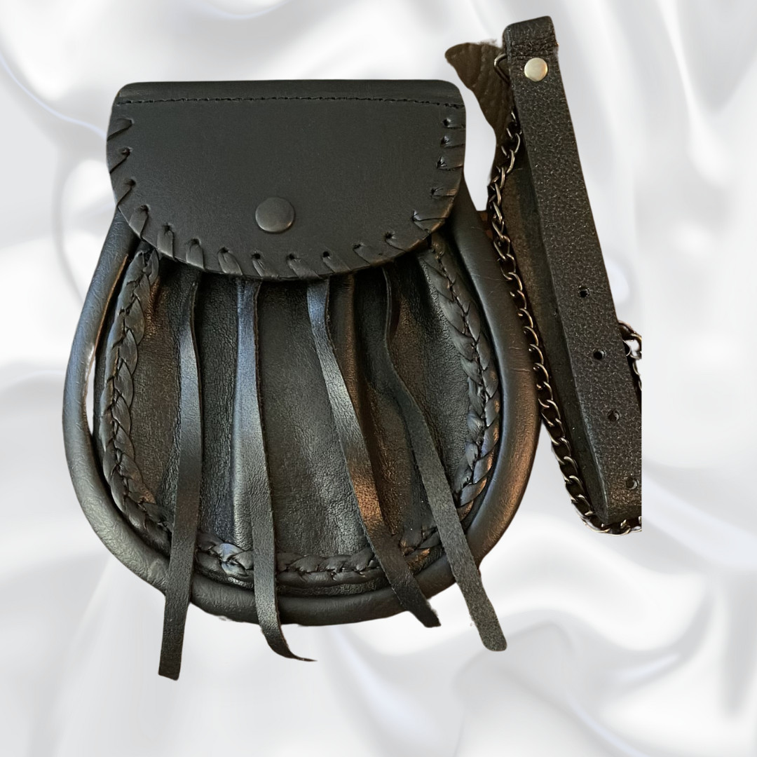 SCOTTISH KILT SPORRAN JACOBITE DISTRESSED BLACK LEATHER LACED EDGE FOR KILTS