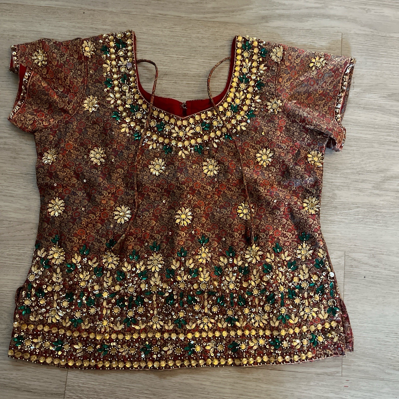 Embroidered Jewel Embellished Choli Blouse , Size Medium Short Sleeve, Tie Back