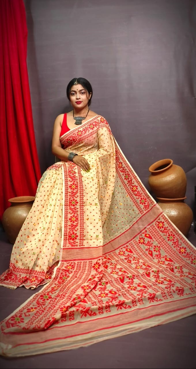 Premium Quality Soft Hand Made All over Work Cotton Silk Jamdani saree For Women