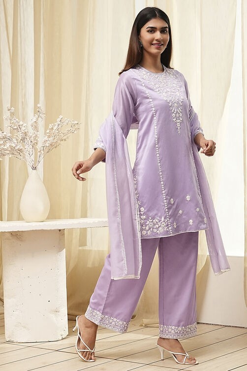 Lavender Embroidered Kurta Pant Dupatta Set | Women Ethnic Outfit / (NF-23)