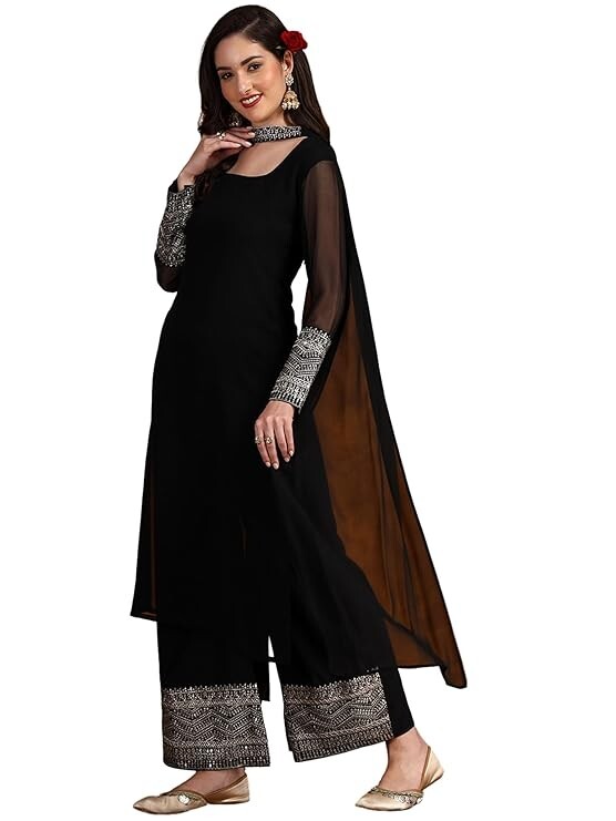 Women Indian Black Georgette Kurta Top With Trousers , Kurti, Pants & Dupatta