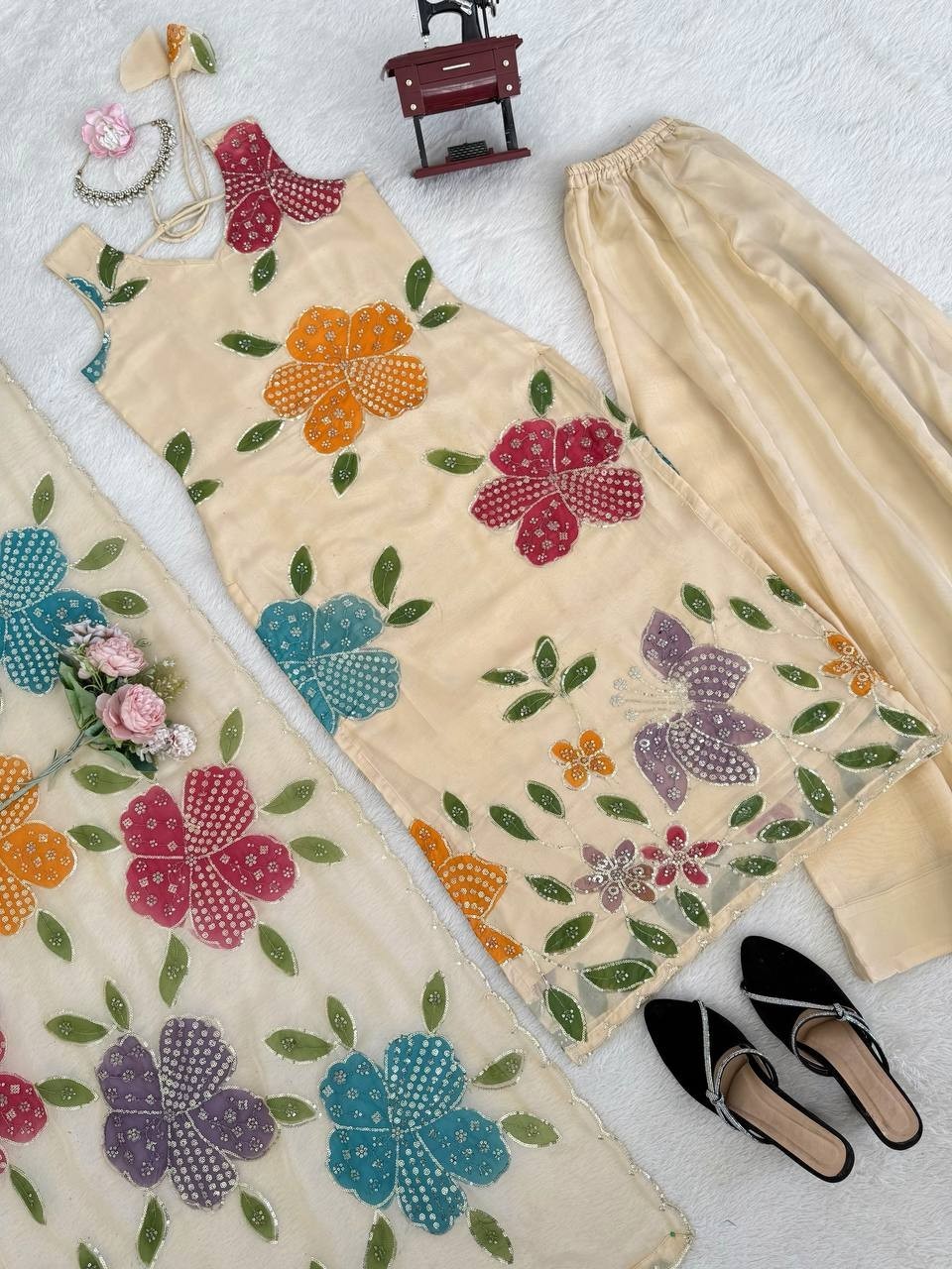 New Designer Tibby Organza Silk Kurta Palazzo With Dupatta For Women