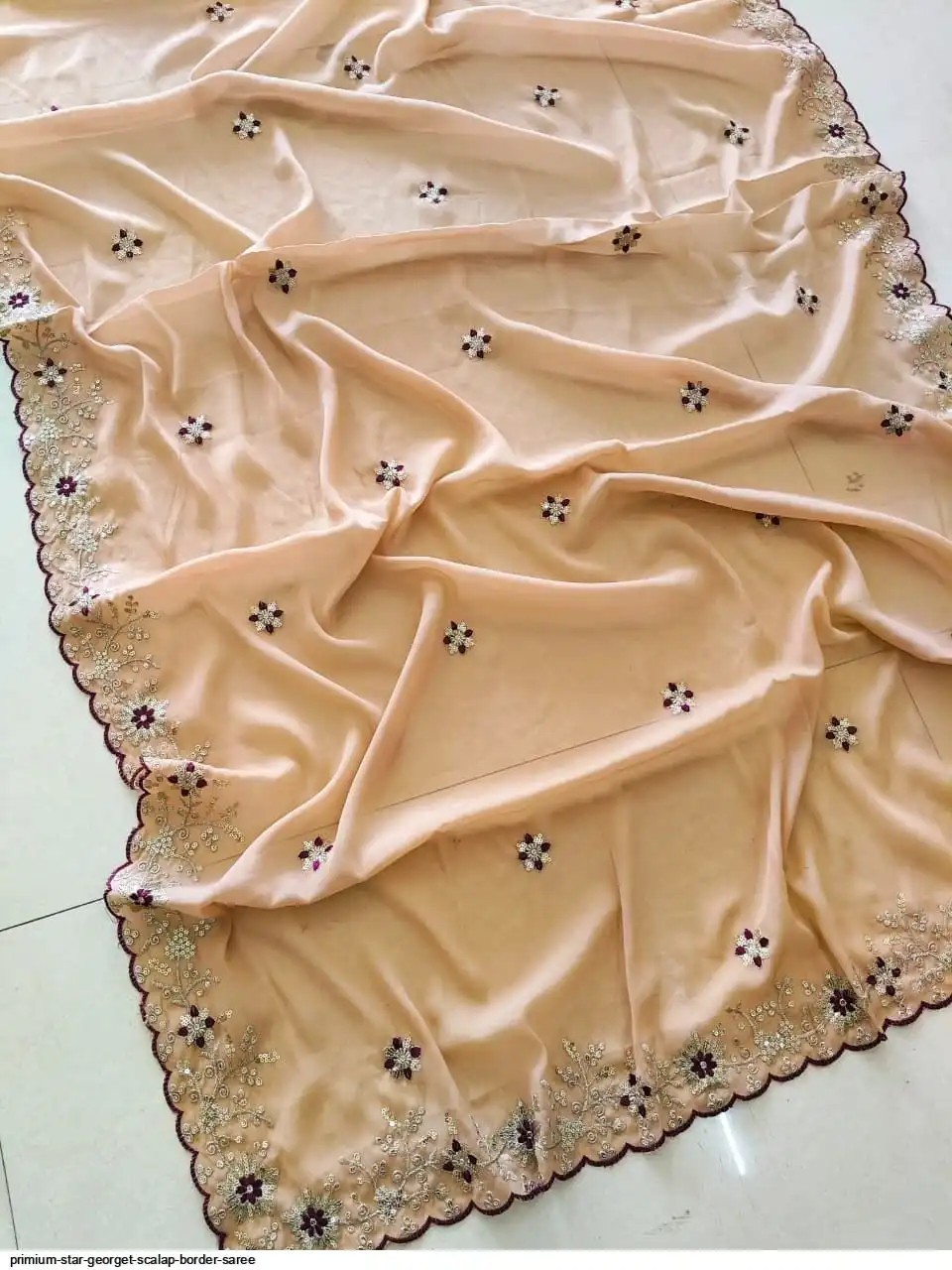 Premium Star Georgette Golden Saree – Multi Sequence Embroidery & Scallop Border