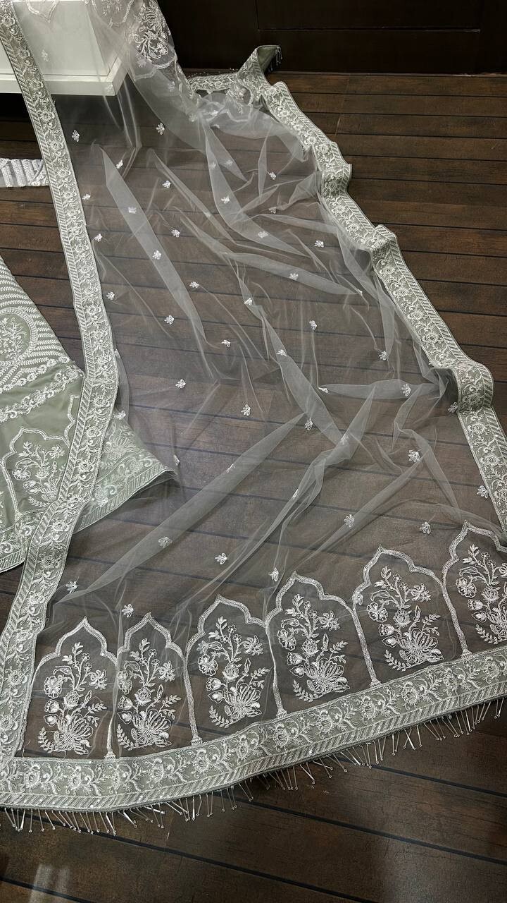 Reception Wear Georgette Grey Lehenga Choli And Net Dupatta For Women & Girls