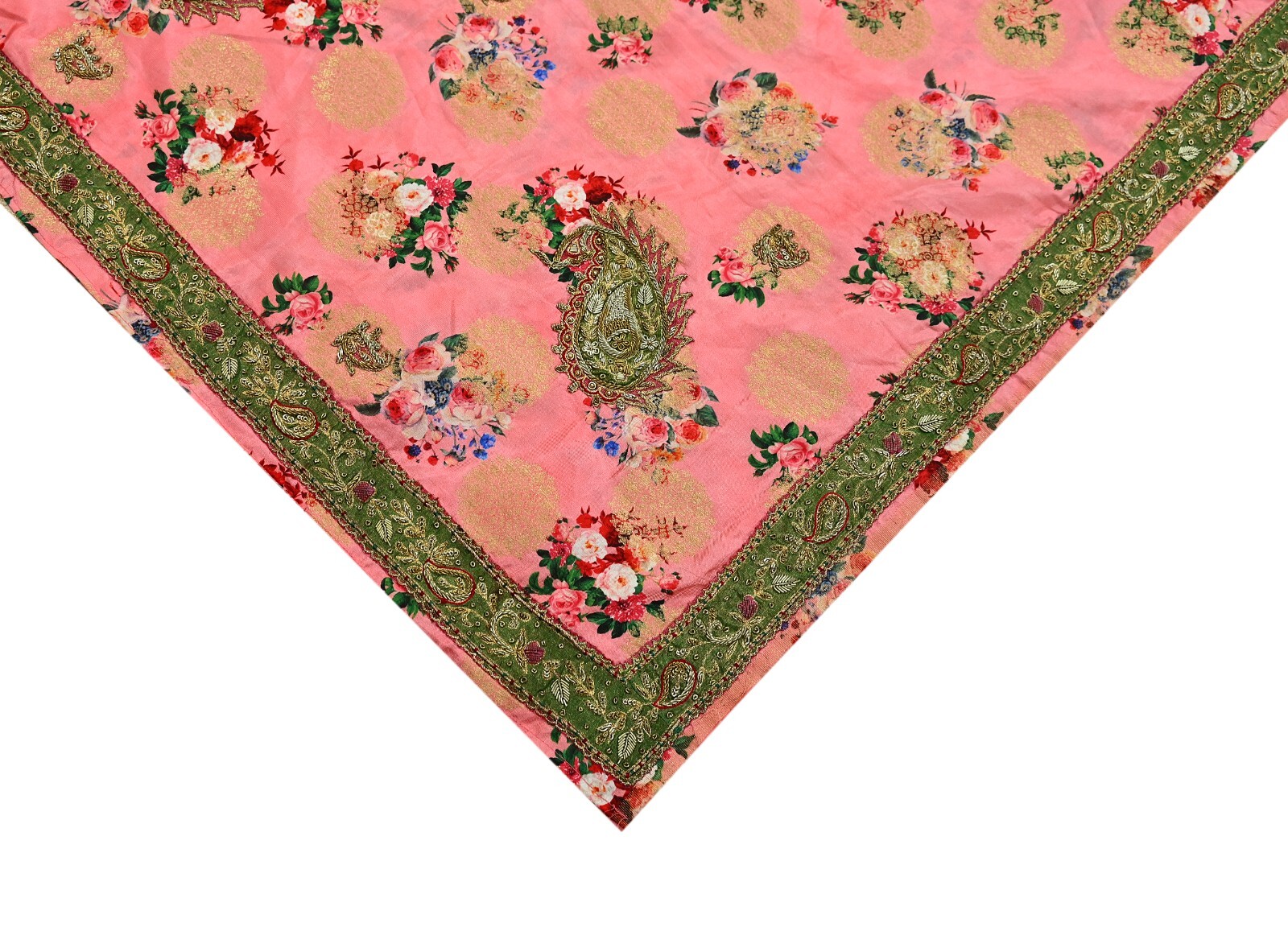 Vintage Peach Sarees Hand Embroidered Woven Brocade Sari Fabric 6Yd Sewing Dabka