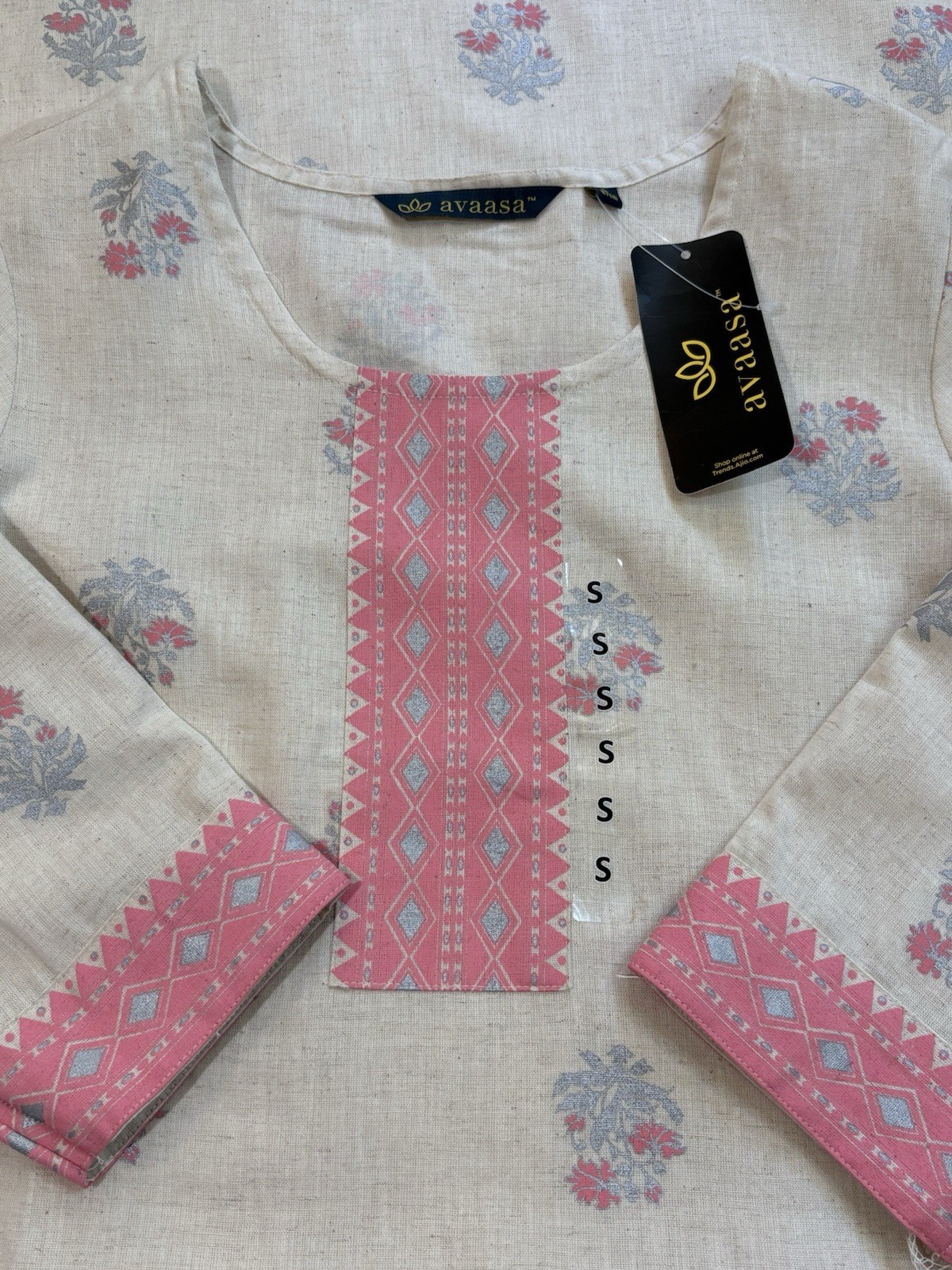 NWT Avaasa Indian Women Beige Cotton Linen Floral Kurta Kurti Top Tunic Dress