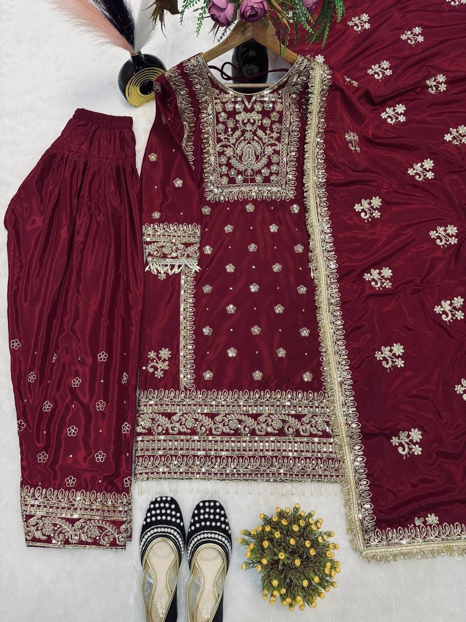 Fashionable Maroon Natural Crep Silk Top Bottom With Dupatta For Reception Wear