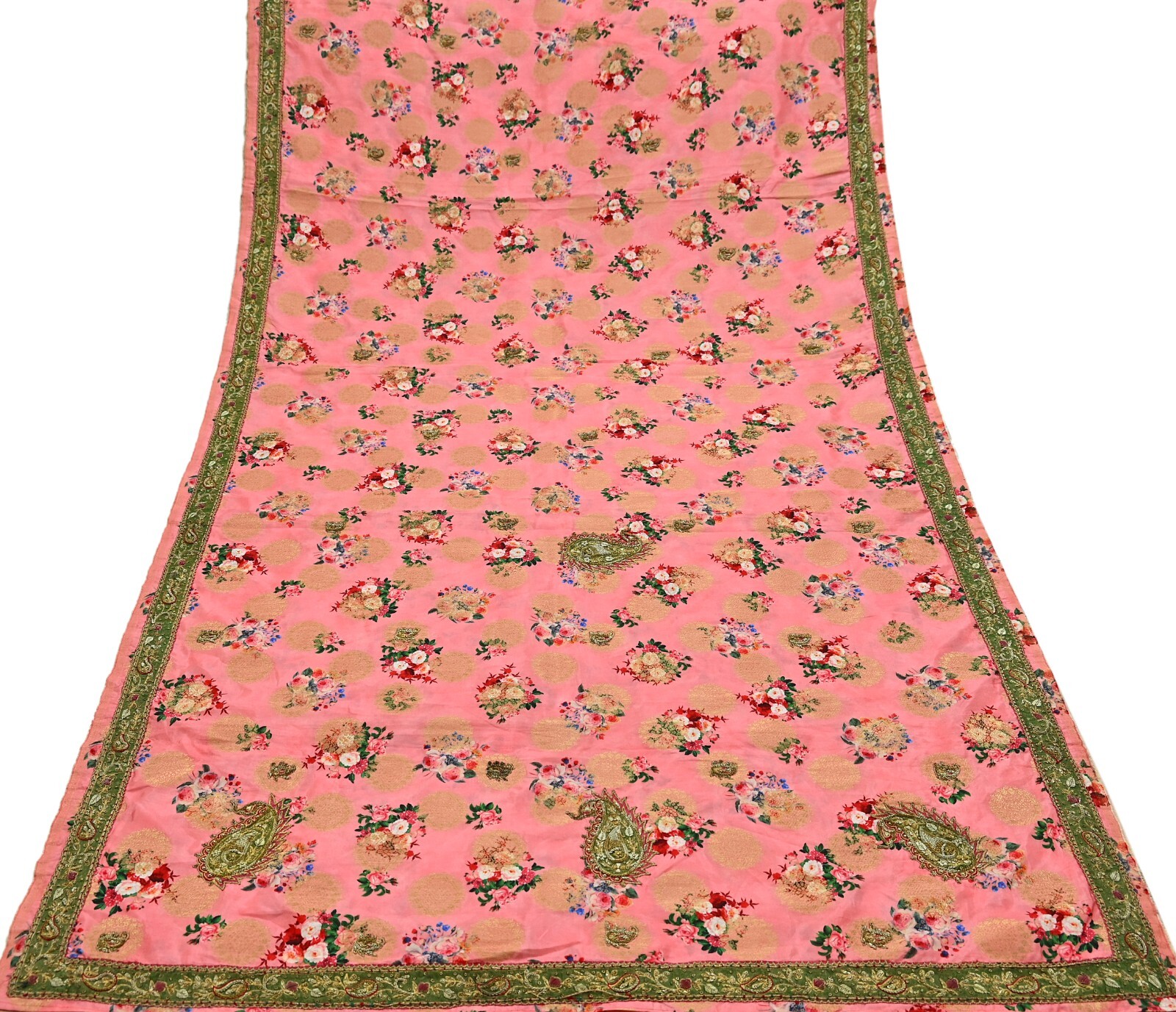 Vintage Peach Sarees Hand Embroidered Woven Brocade Sari Fabric 6Yd Sewing Dabka