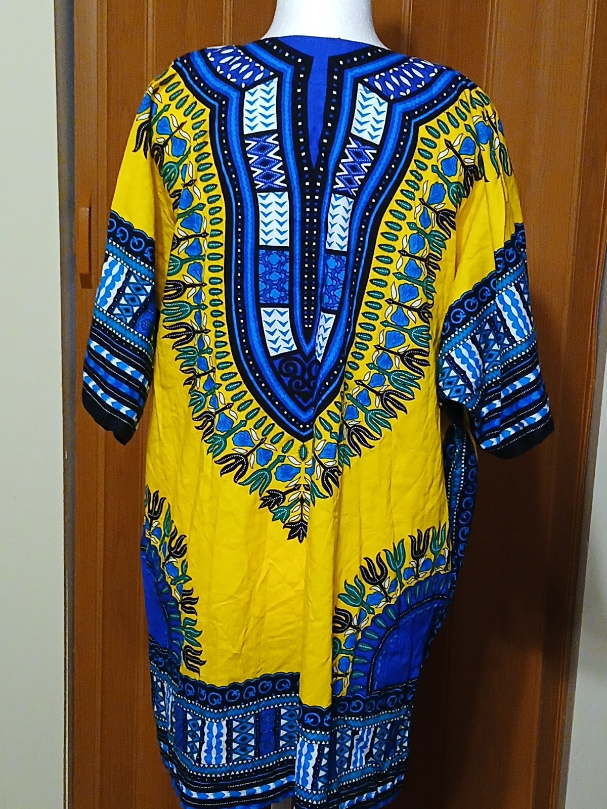 NF Dashiki shirt with front pockets Yellow/Blue 100% Cotton FREE SIZE