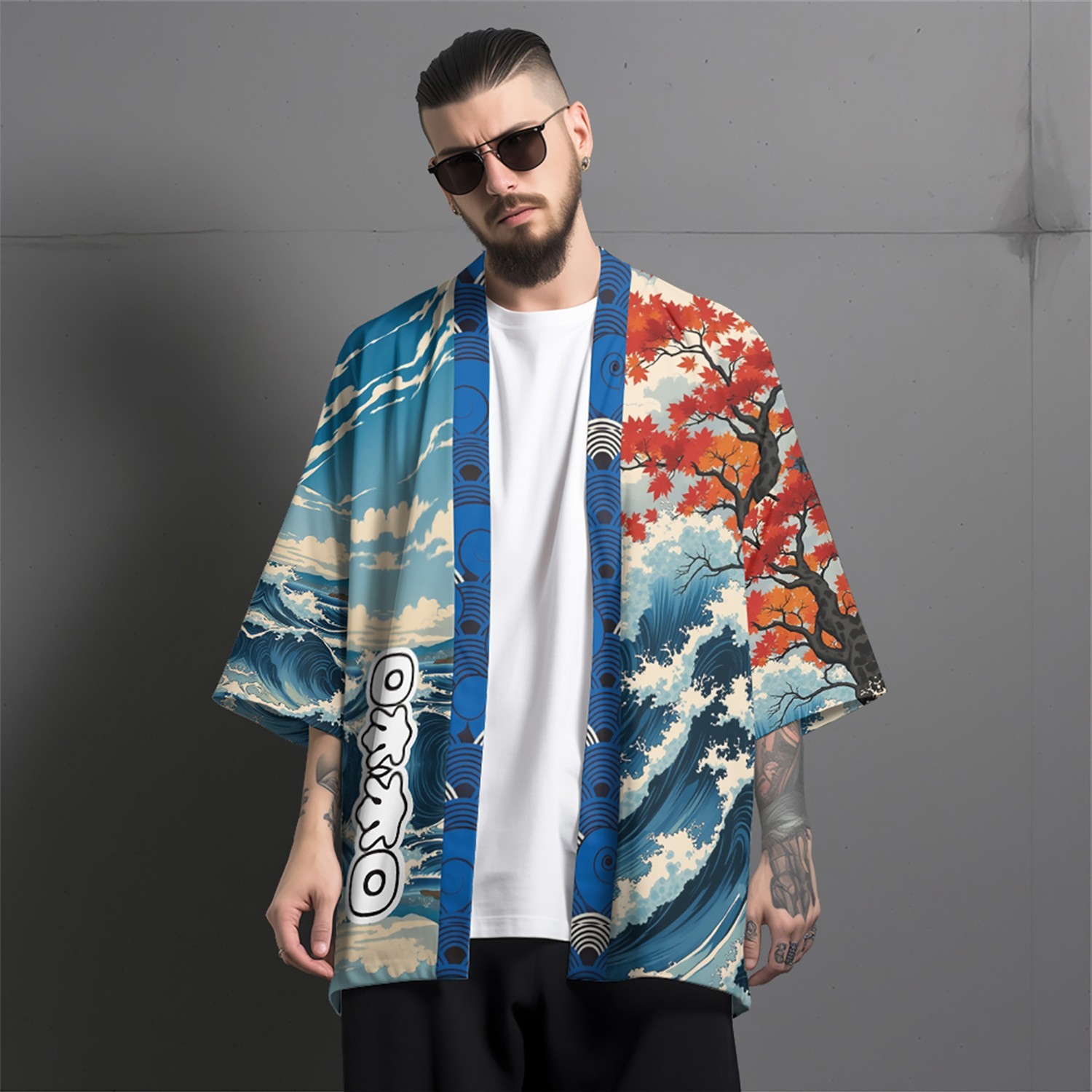 Niepce Men’s Japanese Graphic Lightweight Blue Oceans Kimono Cardigan Shirt Top
