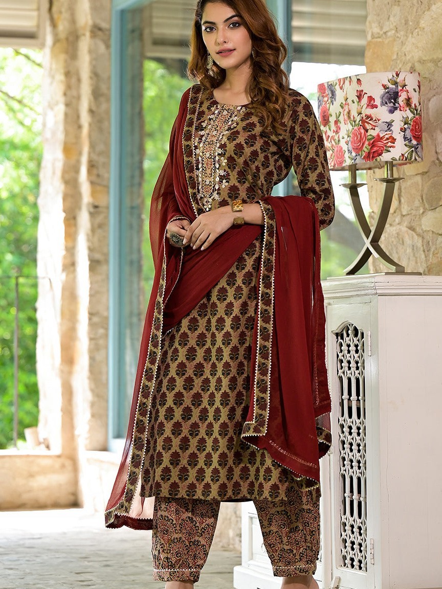 Brown Zardozi Work Cotton Kurta Set Women Plus Size Straight Fit Ethnic Wear