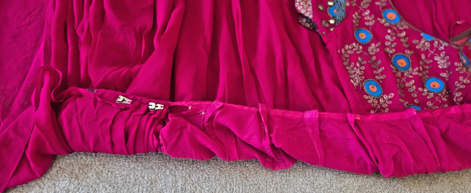 Pre-Stitched Red Chiffon Saree | Blue Gold Embroidery | 6-Yd Craft Fabric Canvas