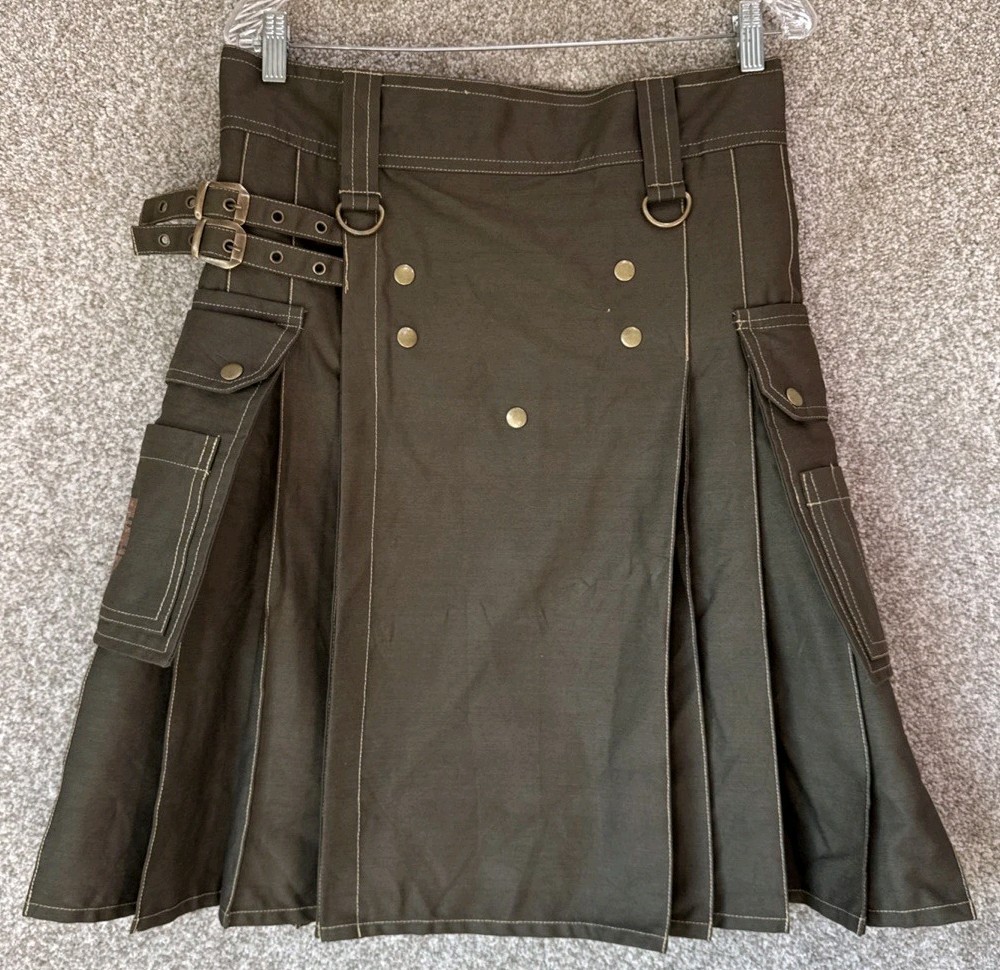 Damn Near Kilt’Em Mens Small W32 Green Heavy Canvas Utility Kilt Cargo Pockets