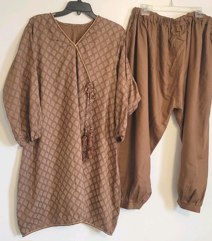 Pakistani 2pcs Brown Printed Balloon Pant/ Shalwar Suite Size 2xL Women