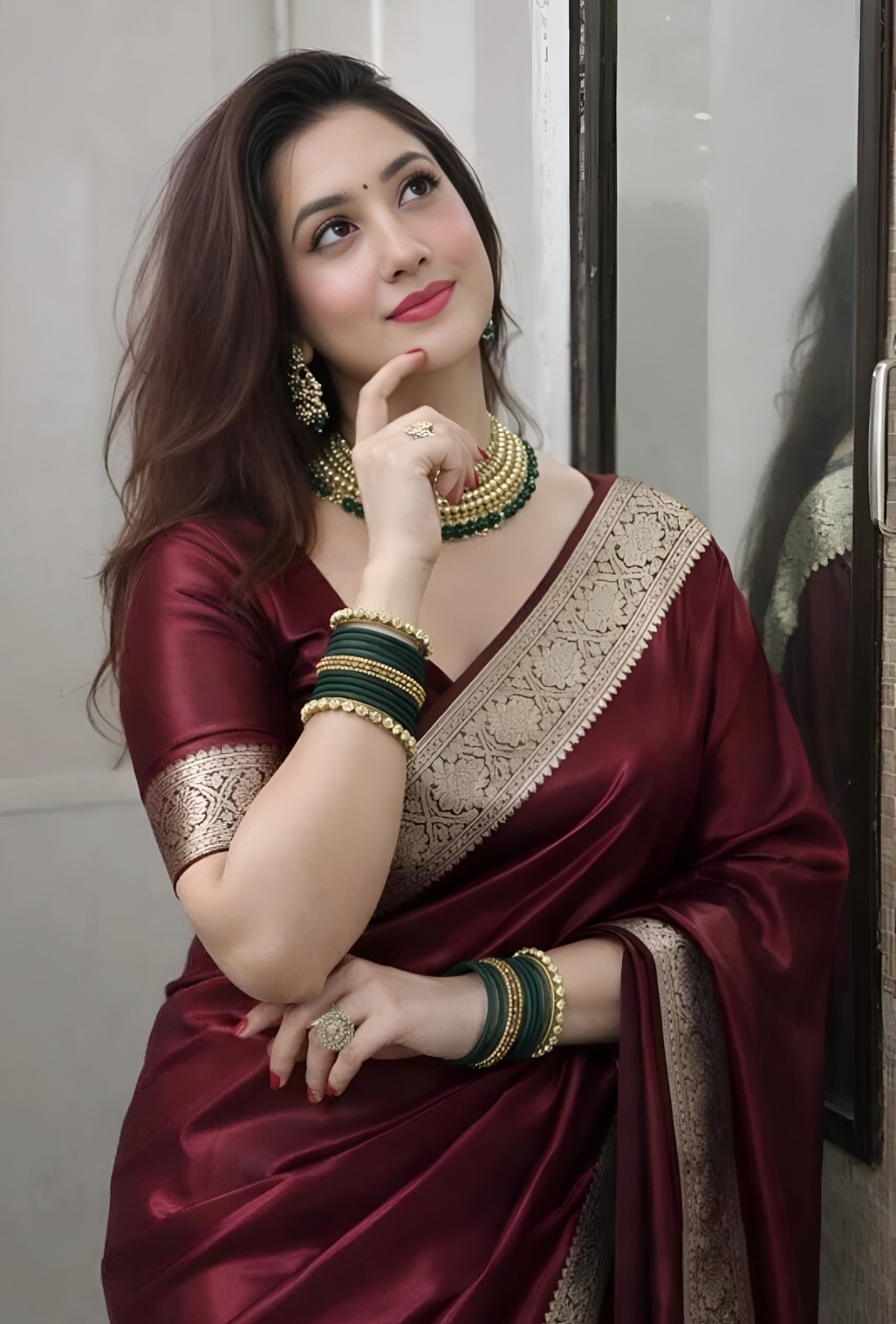 Solid/Plain Daily Wear Satin Saree With Stitched Blouse (Maroon)