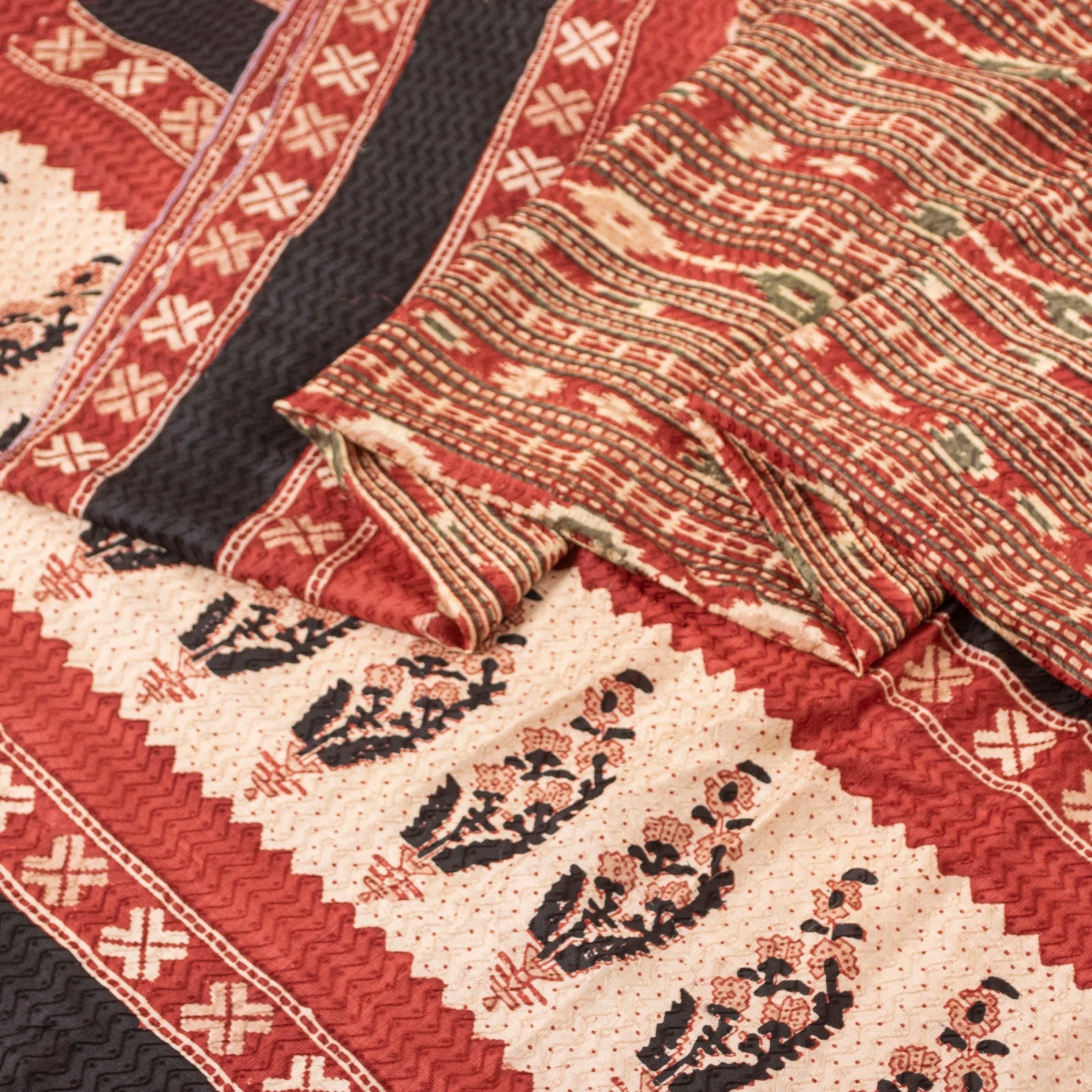 Sanskriti Vintage Sarees Red Pure Silk Geometric Ikat Print 6+Yd Sustainablesari