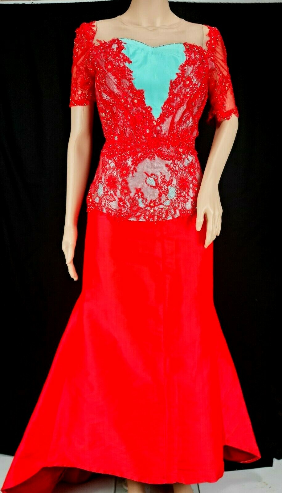 Cambodia Khmer Traditional Out fit Women Size M Red Lace Pamong Skirt Silk