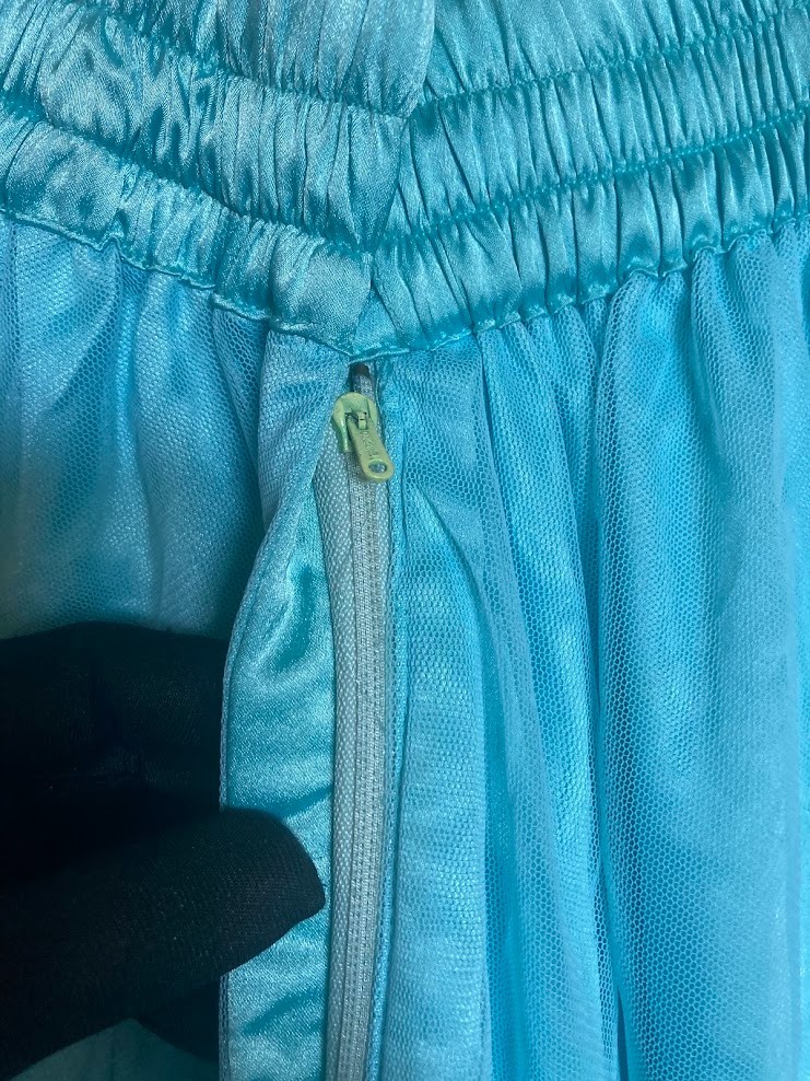 Vintage Indian Sky Blue Tulle Lehenga Skirt Glass Bugle Bead Silver Zardozi 44″
