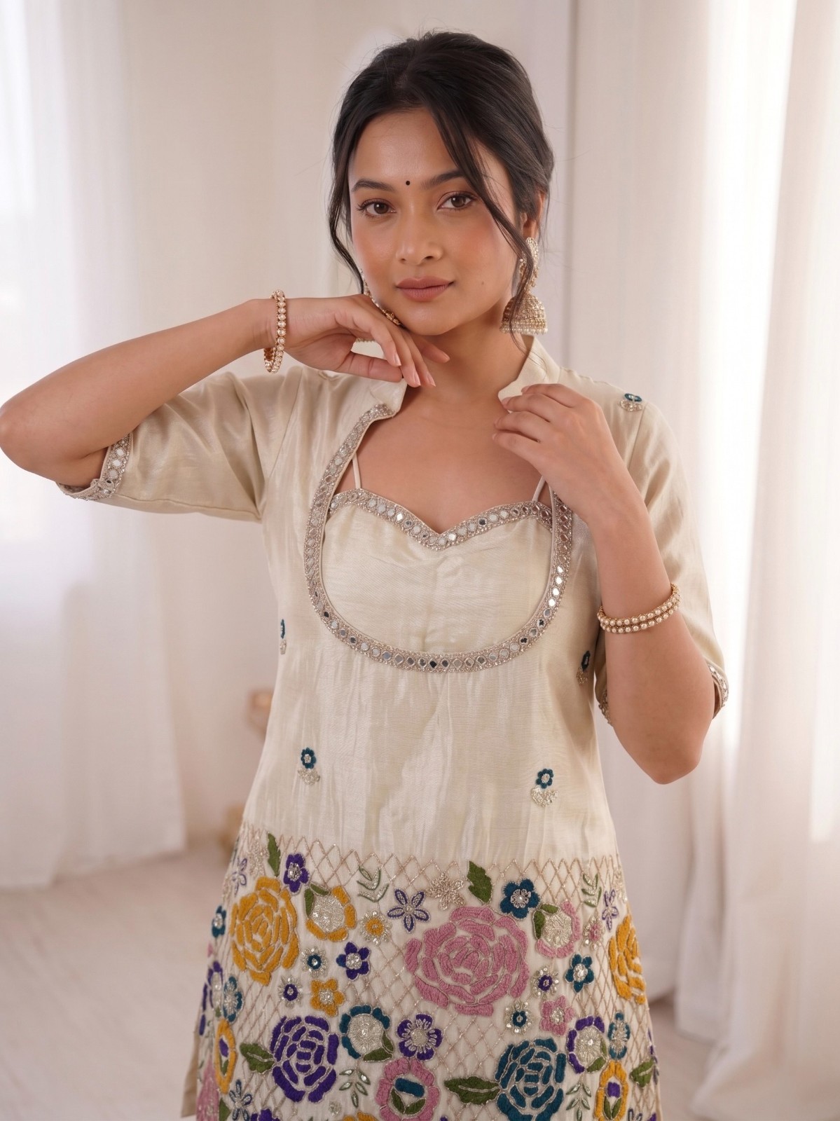 Cream Embroidered Short Kurti Palazzo Shimmer Tissue Silk Set For Women