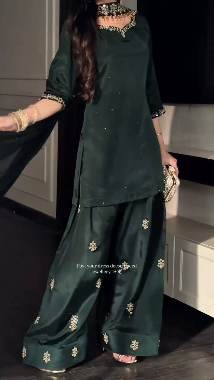 Natural Crep Silk Green Farshi Salwar Kameez With Dupatta For Indian Party Wear