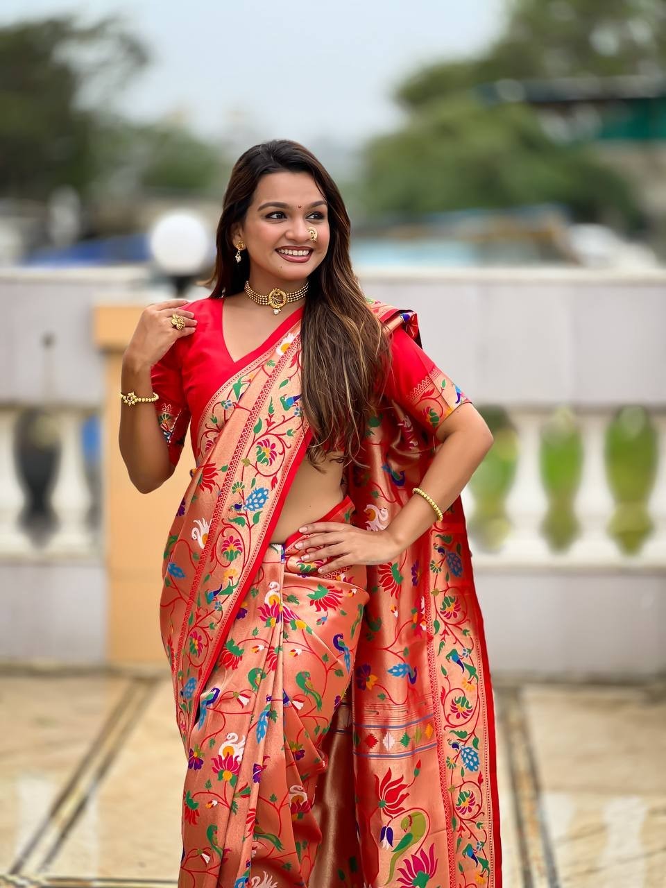 Launching Designer Soft Paithani Silk Saree With Red Blouse For Function Wear