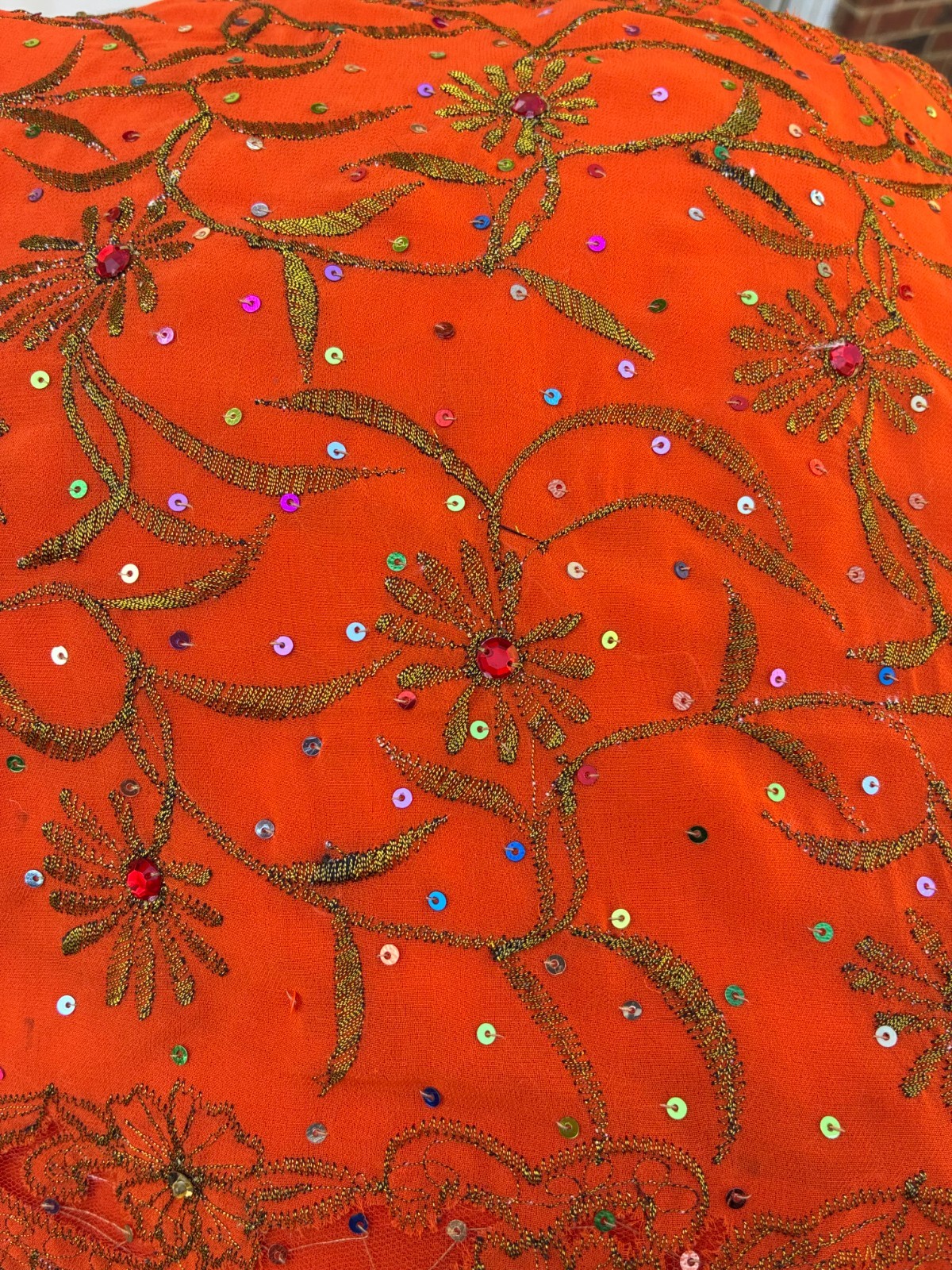 Vintage SARI Wrap ORANGE SHeer Chiffon Embroidery SEQUIN Fabric 6 yds 45″ Red