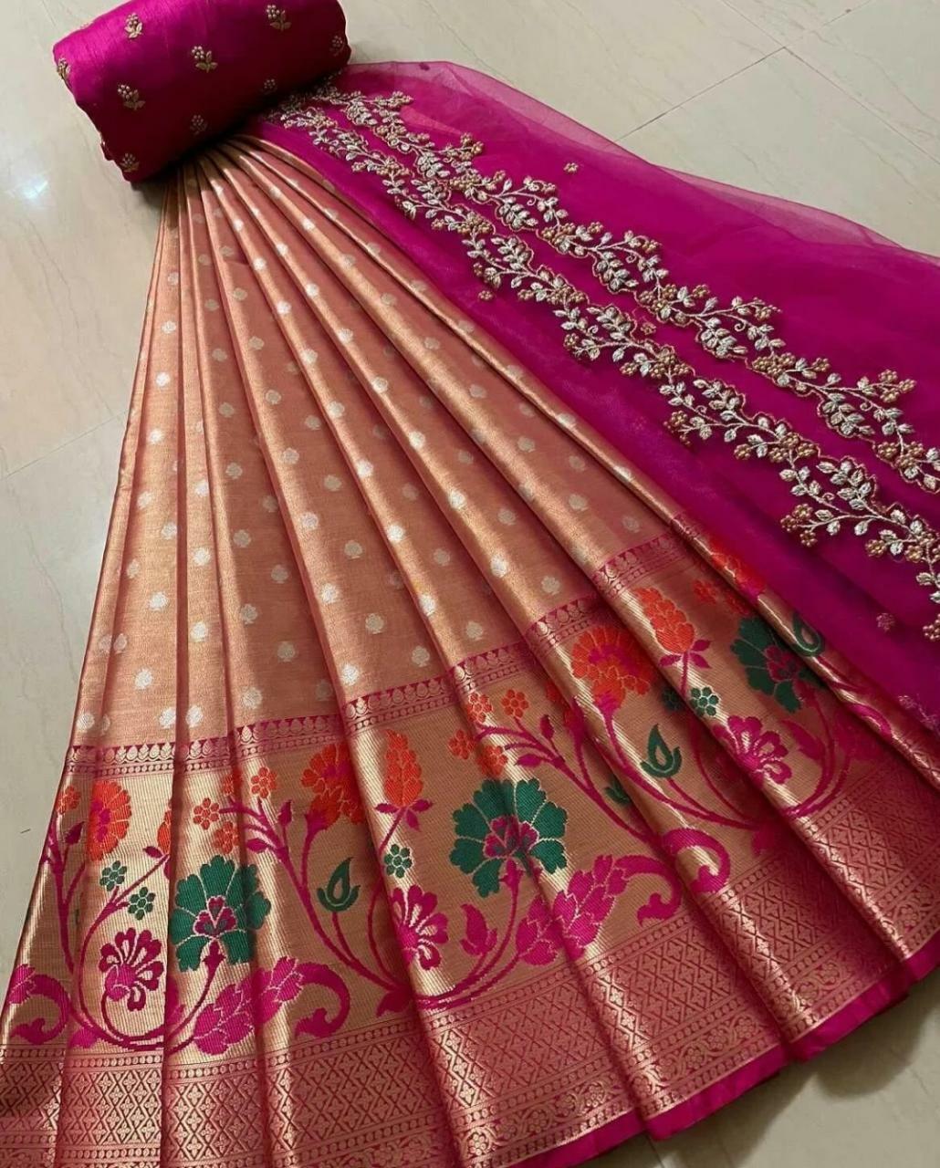 Indian Women Kanjiveram Silk Zari Lehanga Half Saree With Blouse and Duppta