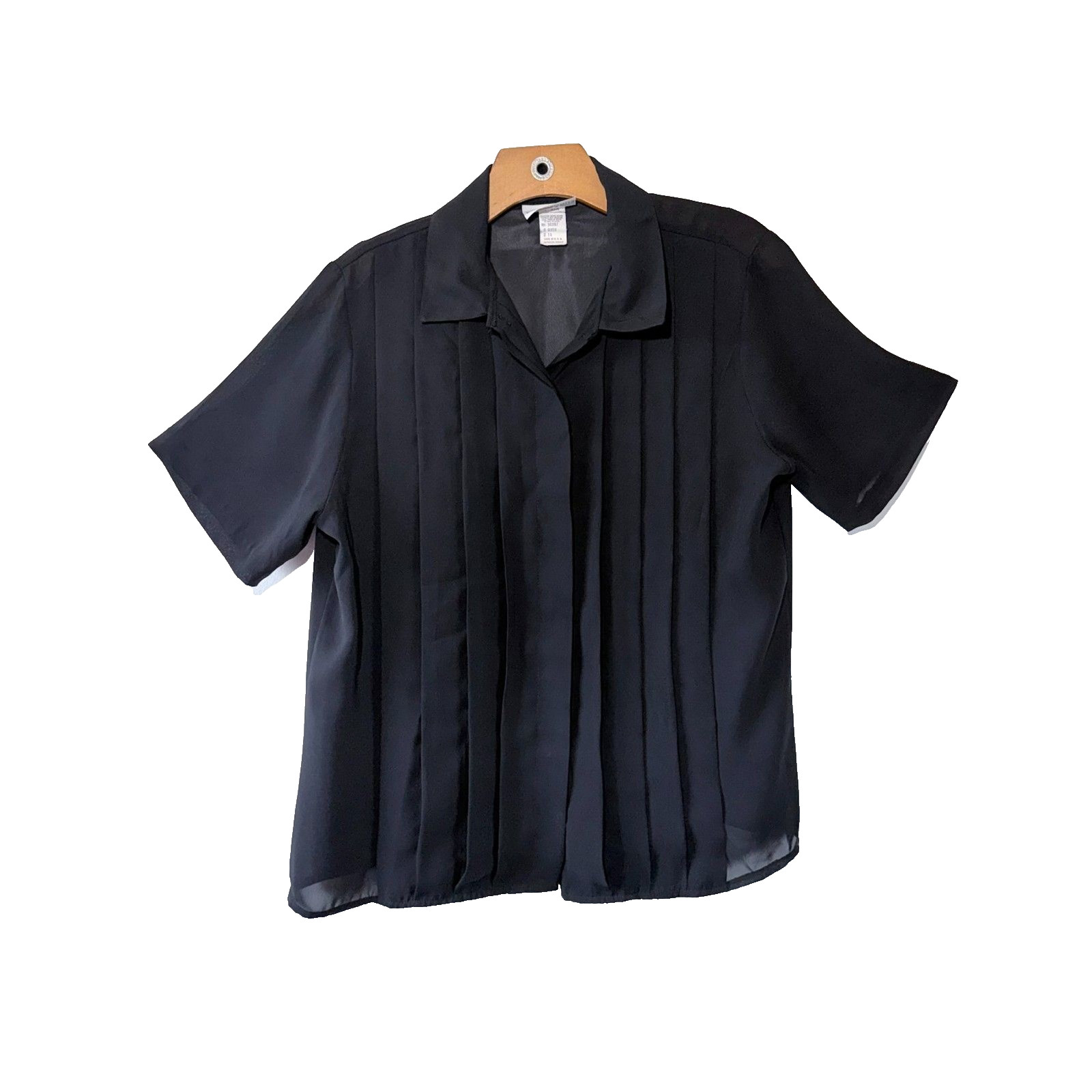 Vintage 1990s Blouse Laura Mae Black Pleated Collared Shirt Button Down Size 14